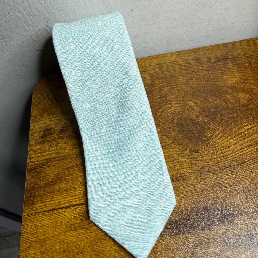 J.Crew Mens Necktie Light Blue Polka Dot Linen Cotton Blend Skinny Tie